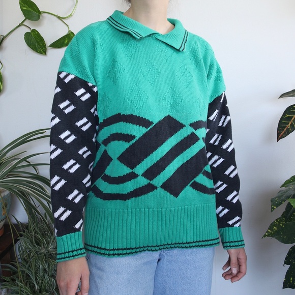 Teal and Black Patterned Collared Sweater - Picture 7 of 9
